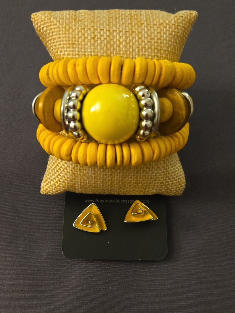 Paparazzi Yellow Beaded Stack Bracelet with Matching Triangle Studs